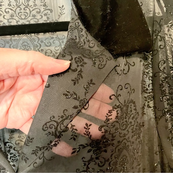 Black sheer blouse with velvet collar, rhinestone buttons, glittery designs - Picture 6 of 6